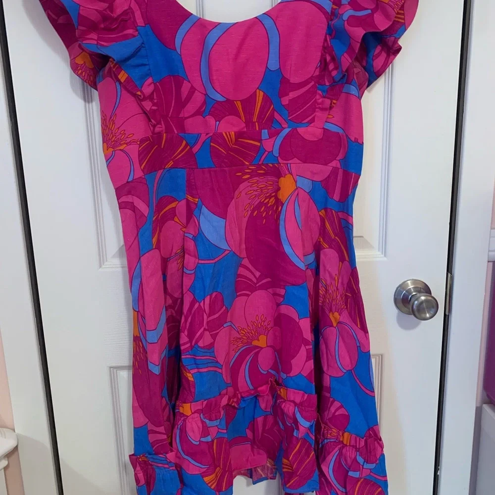 Tuckernuck Vibrant Pink and Blue Ruffle Mini Dress - Cameron Eubanks -  Medium - Picture 4 of 6
